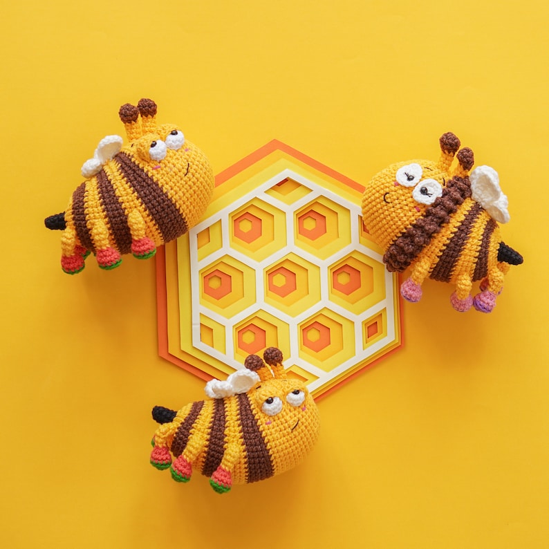 Lovable amigurumi bee crochet pattern, part of the Cutie Crawlies bundle for intermediate crocheters.