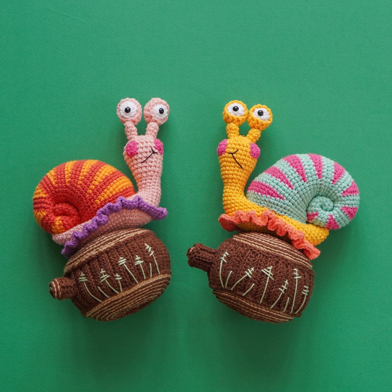 Cute amigurumi crochet snail from the Cutie Crawlies pattern bundle, perfect as a handmade gift or decor