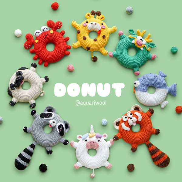 Crochet Donut: Bundle 8 Characters Crochet Pattern by Aquariwool Crochet (Crochet Doll Pattern/Amigurumi Pattern for Baby gift)