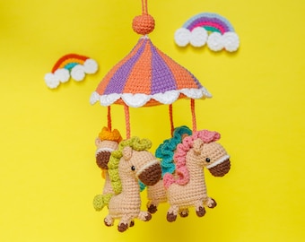 Merry Go Round Baby Mobile Crochet Pattern by Aquariwool Crochet (Crochet Doll Pattern/Amigurumi Pattern for Baby gift)