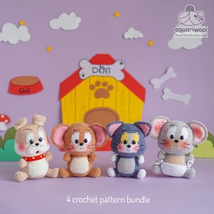 May include: Four crocheted cartoon characters, including a dog and three mice, are displayed in front of a dog house cutout. The characters are in shades of beige, brown, blue, and gray. The text "4 crochet pattern bundle" is at the bottom.