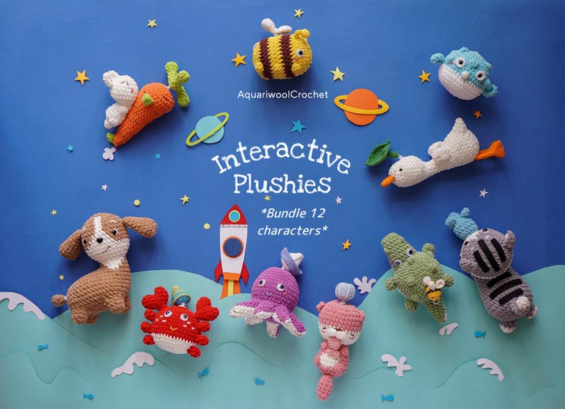 May include: A set of 12 crocheted plush toys, including a dog, a crab, an octopus, a cat, a crocodile, a duck, a bee, a fish, a rabbit, and a fox. The toys are arranged on a blue background with stars and planets. The text "Interactive Plushies" and "*Bundle 12 characters*" is also visible.