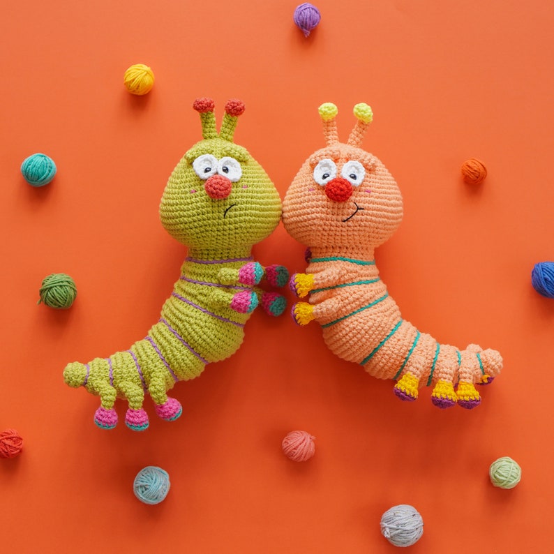 Adorable crochet caterpillar pattern from the 11-character amigurumi collection by Aquariwool