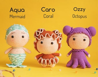 Bundel 3 in 1: Koraal, Octopus & Zeemeermin (Amigurumipatroon/Amigurumi haakpatroon/Gehaakt Amigurumipatroon van Aquariwool)