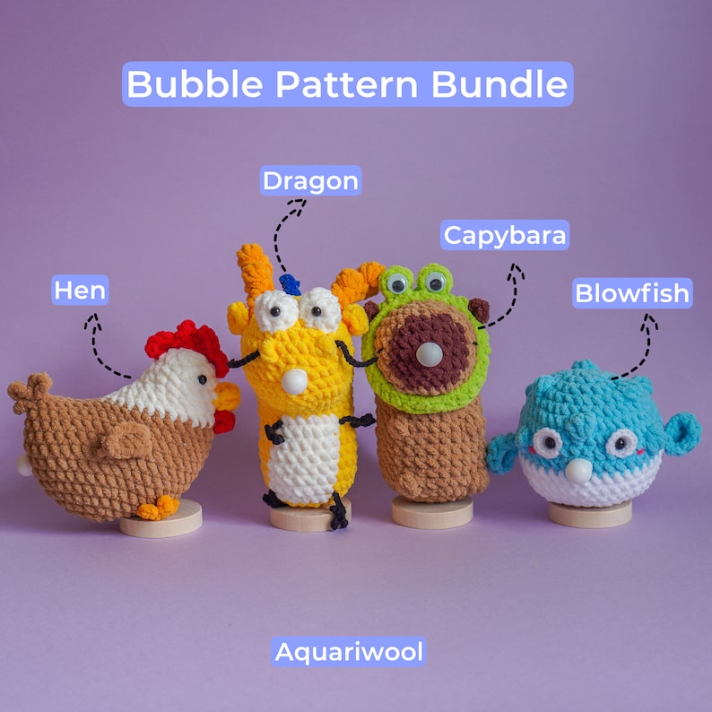 May include: A set of five crocheted animal toys, including a hen, dragon, capybara, blowfish, and a caption that reads "Bubble Pattern Bundle".