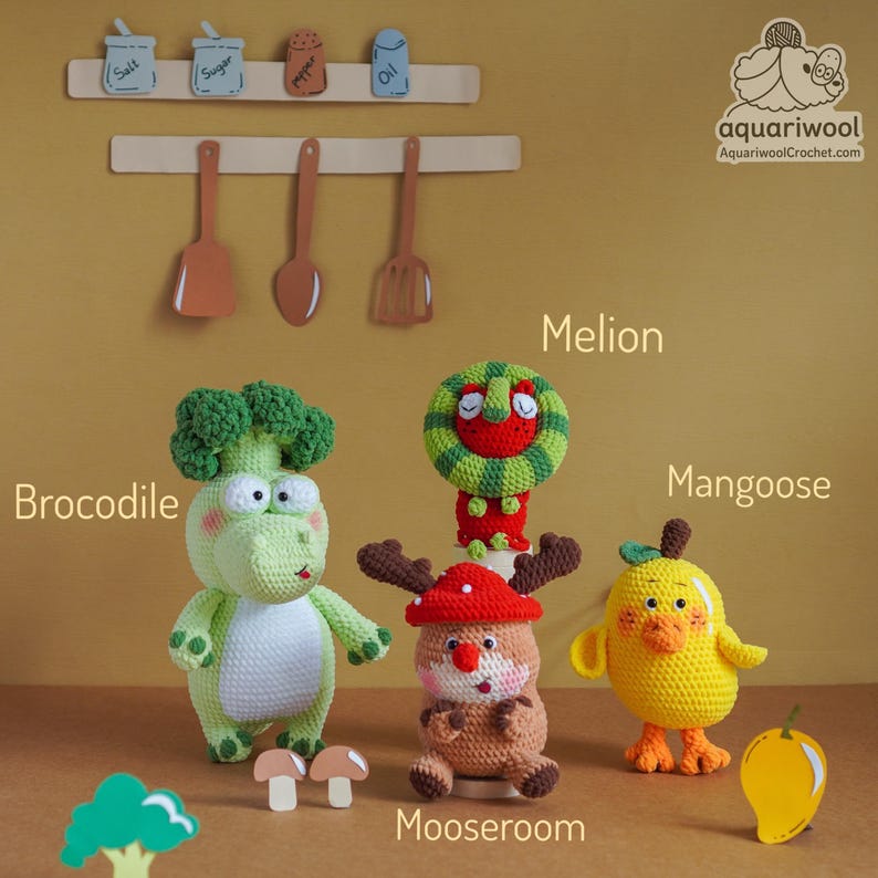 May include: A collection of handmade crochet toys, including a green crocodile with broccoli, a watermelon-themed character, a reindeer, and a yellow chick. The toys are displayed with wooden kitchen utensils and spice jars.