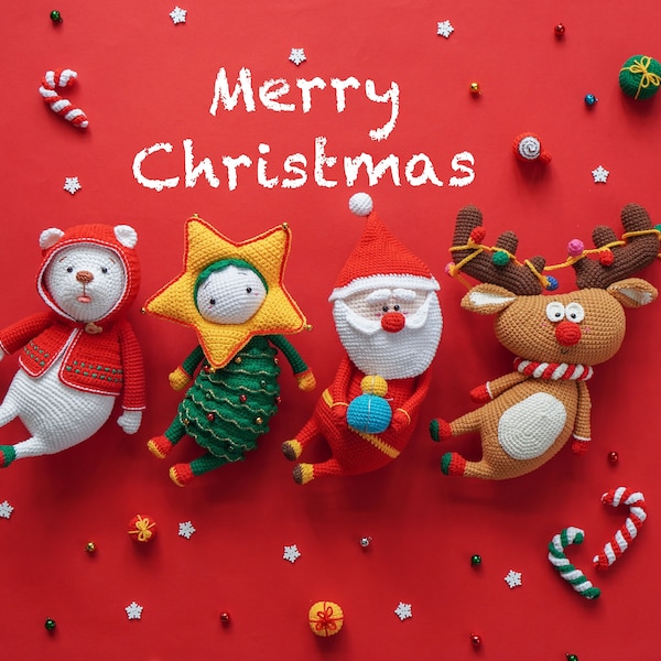Le lot Amigurumi de Noël : Père Noël, renne, arbre de Noël et ours polaire au crochet par Aquariwool Crochet