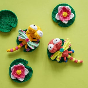 Vibrant amigurumi dragonfly crochet pattern from the Cutie Crawlies collection, designed for baby gifts or home decor.
