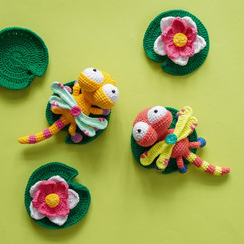 Vibrant amigurumi dragonfly crochet pattern from the Cutie Crawlies collection, designed for baby gifts or home decor.