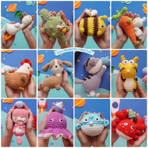 May include: A collection of 12 crocheted amigurumi toys, including a chicken, dog, cat, octopus, pufferfish, crab, bee, duck, alligator, carrot, monster, and a bunny. The toys are all brightly coloured and have cute faces.