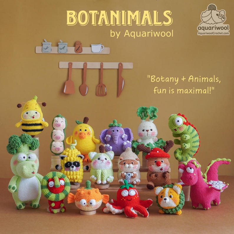 May include: A collection of colorful, crocheted "Botananimals" figures, including a bee, duck, elephant, and dragon. The figures are displayed on a yellow background with the text "BOTANIMALS" and "by Aquariwool". The phrase "Botany + Animals, fun is maximal!" is also visible.