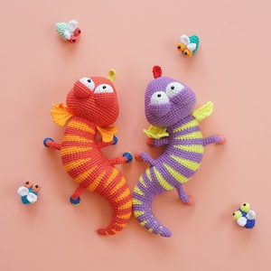 Bright and colorful gecko amigurumi crochet pattern, part of Aquariwool’s Cutie Crawlies 11-character bundle.