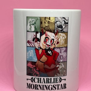 May include: White ceramic mug with a colorful cartoon image of a female character with red horns and a red jacket. The character is surrounded by smaller images of other characters. The text "CHARLIE MORNINGSTAR" is printed below the image.