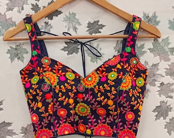 multi colour floral festive wear saree blouse readymade - embroidery navy blue base - fashionable crop top - wedding wear - lehenga blouse