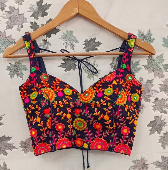 multi colour floral festive wear saree blouse readymade - embroidery navy blue base - fashionable crop top - wedding wear - lehenga blouse