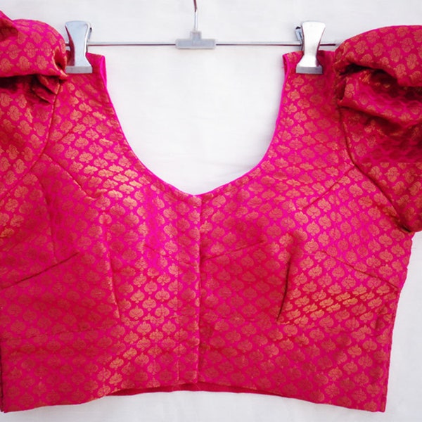 Puff sleeves chanderi blouse in magenta color ready made saree blouse -Saree Blouse -Sari Blouse - Saree Top - Sari Top - For Women