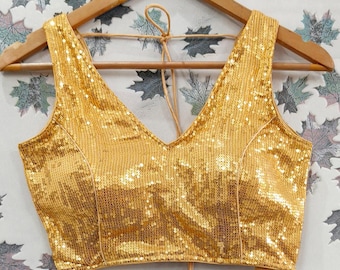 Camicetta imbottita con paillettes dorate/Top Choli da festa pronto all'uso/Camicetta in sari indiano per matrimoni e festival - top sari da festa con paillettes scintillanti