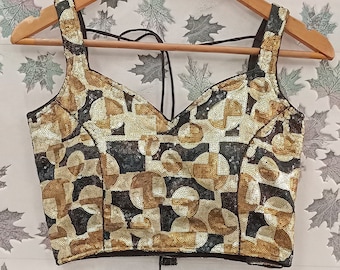 Złota bluzka z cekinami do sari, gotowa bluzka - złoty i czarny skrócony top z cekinami - krótki top lehenga - top do sari dla kobiet - bluzka do sari ślubnego
