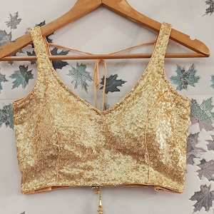 light gold sequin deep V neck saree blouse readymade - saree top lehenga blouse , lehenga top - crop top - sari blouse - wedding wear top