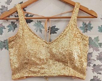light gold sequin deep V neck saree blouse readymade - saree top lehenga blouse , lehenga top - crop top - sari blouse - wedding wear top