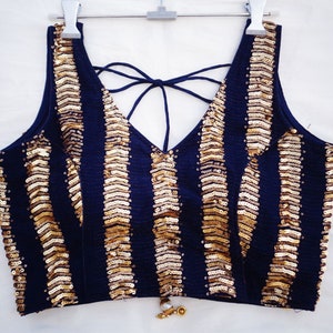designer sequins v neck saree blouse readymade. made to order navy blue color, women&#39;s  ethnic wear ; women&#39;s clothing - women&#39;s top& tees