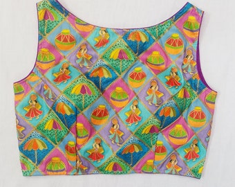 Navaratri festival Gujrati Multi color golden zari work readymade blouse  -boat neck sleeveless Saree Blouse-Sari Blouse-Saree Top-For Women