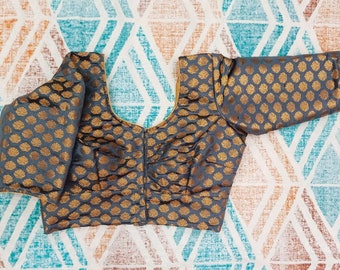 Chanderi-blouse met ronde hals in grijze kleur (#08 grijs) kant en klare sari-blouse