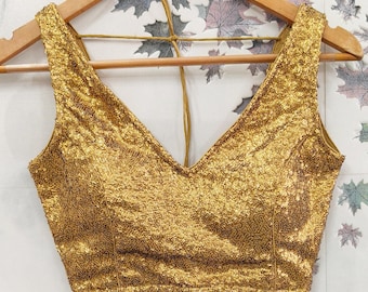 Copper sequin deep V neck saree blouse readymade - saree top lehenga blouse , lehenga top - crop top - sari blouse - wedding wear top