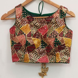 Readymade  boat neck Colorful sequin saree blouse bottle green base -readymade Saree/sari Blouse -Saree Top- Women's Tops & tees - For Women