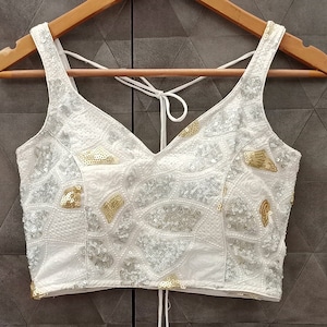 White sparkling sequin blouse - Saree blouse readymade - lehenga top - sleeveless sweetheart neck woman top - elegant wedding wear attire