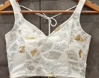 White sparkling sequin blouse - Saree blouse readymade - lehenga top - sleeveless sweetheart neck woman top - elegant wedding wear attire