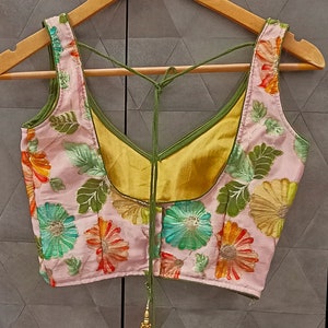 Deep V neck fashionable baby pink colour crop top , designer saree blouse - for woman - woman tops & tees - ready made sari blouse - Blouse image 2