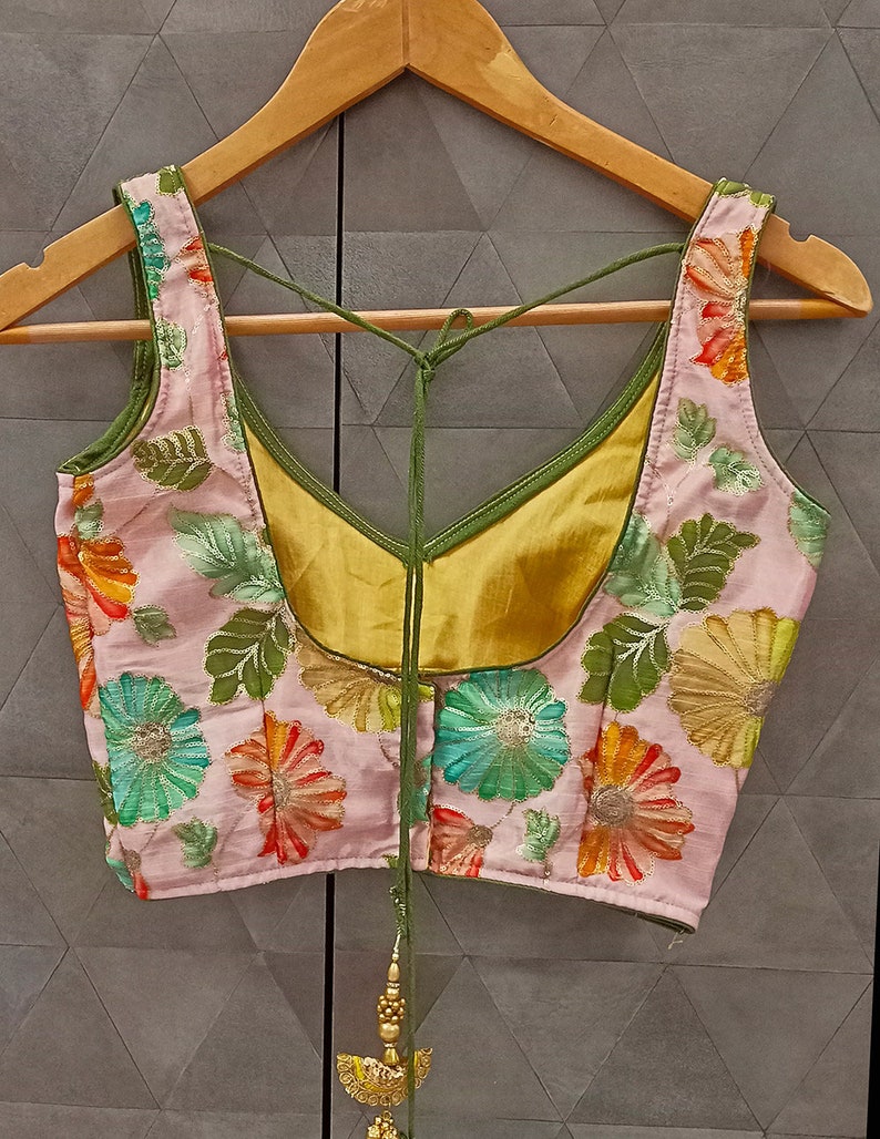 Deep V neck fashionable baby pink colour crop top , designer saree blouse - for woman - woman tops & tees - ready made sari blouse - Blouse image 2