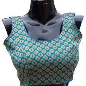 Readymade blue brocade blouse with beautiful floral designs -Saree Blouse -Sari Blouse -sleeveless blouse - party wear blouse - For Women