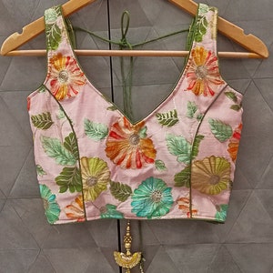 Deep V neck fashionable baby pink colour crop top , designer saree blouse - for woman - woman tops & tees - ready made sari blouse - Blouse image 1