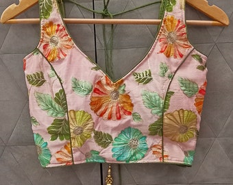 Deep V neck fashionable baby pink colour crop top , designer saree blouse - for woman - woman tops & tees - ready made sari blouse - Blouse