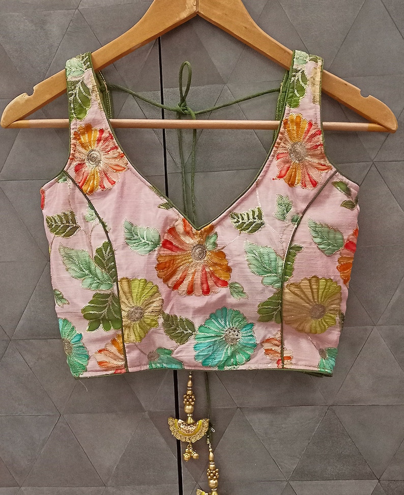 Deep V neck fashionable baby pink colour crop top , designer saree blouse - for woman - woman tops & tees - ready made sari blouse - Blouse image 1
