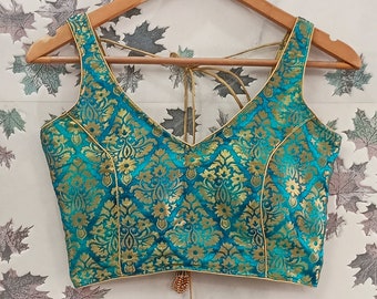 Sea green chanderi saree blouse ready made for women, sleeveless Indian floral blouse for wedding , festive wear, saree top, lehenga blouse