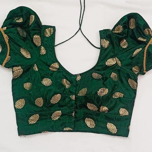 bottle green puff sleeves saree blouse ,Indian traditional ,with trim on sleeves ,festive n wedding wear readymade saree blouse ,crop top