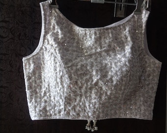 Zari Blouse with Silver Floral in White Color - Boat Neck  - Saree Blouse -Sari Blouse - Saree Top - Sari Top - For Women