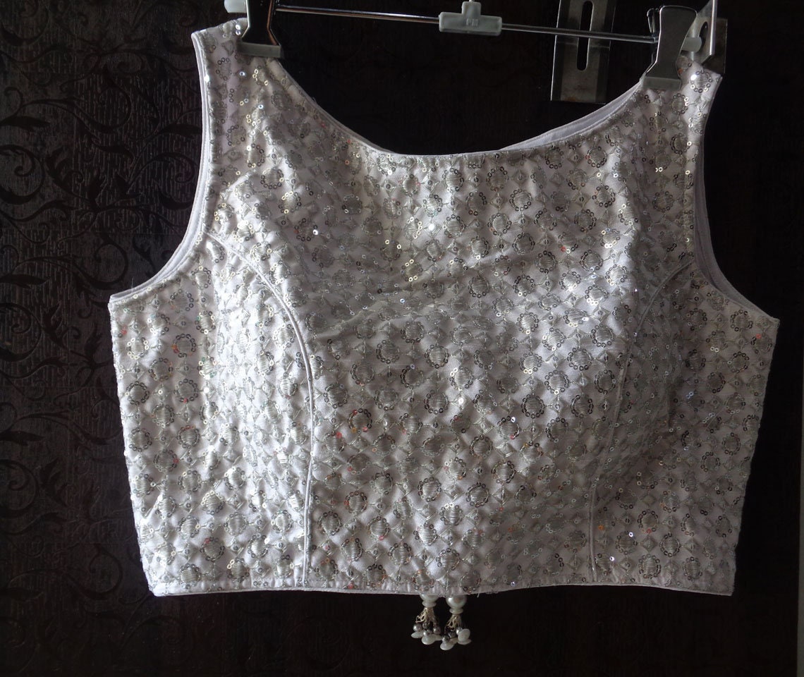 Zari Blouse With Silver Floral in White 