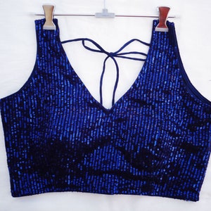 Flat Sequins V-neck Ready-made saree blouse in blue color sequins - designer Readymade Blouses  - Sari Blouse - sari top - readymade blouses