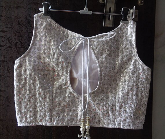 Zari Blouse with Silver Floral in White Color Boat Neck Saree Blouse  -Sari Blouse Saree Top Sari Top For Women