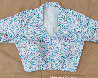 White Leaf Print Saree Blouse | Front Open collared neckline Half Sleeve Cotton Crop Top , without padded women's wear Indian ethnic blouse