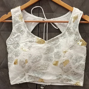 White sparkling sequin blouse - Saree blouse readymade - lehenga top - sleeveless sweetheart neck woman top - elegant wedding wear attire