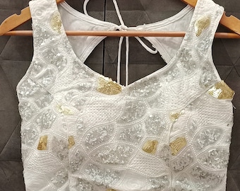 White sparkling sequin blouse - Saree blouse readymade - lehenga top - sleeveless sweetheart neck woman top - elegant wedding wear attire