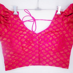 Puff sleeves Chanderi blouse in magenta color ready made saree blouse -Saree Blouse -Sari Blouse - Saree Top - Sari Top - For Women