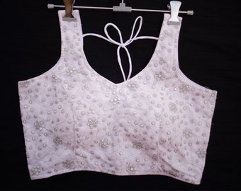 Camicetta sari argentata con ricami, camicetta sari bianca con scollo a cuore, camicetta sari con ricamo bianco - Camicetta sari - Top sari per donna