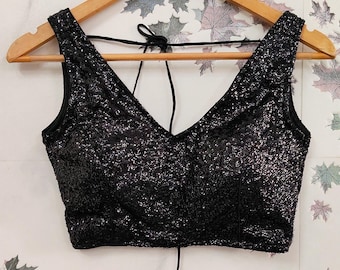 Black sequin deep V neck saree blouse readymade - saree top lehenga blouse , lehenga top - sari crop top - sari blouse - wedding wear top