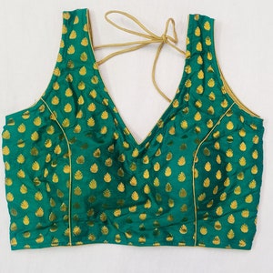 saree blouse Ready-made V-neck saree blouse in Rama green Color party wear blouse - Designer Saree Blouse - sari top - readymade saree top